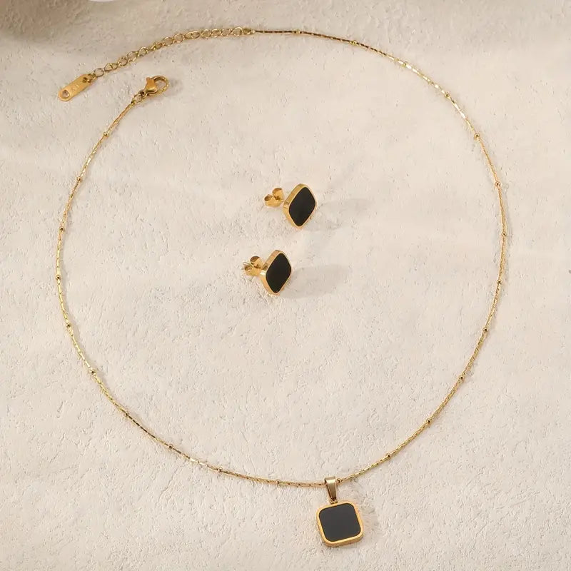 Ohrringe + 1 Halskette Schmuckset Aus Edelstahl 18k Vergoldet Schwarz Quadratisches