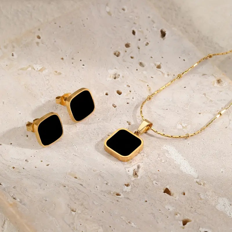 Ohrringe + 1 Halskette Schmuckset Aus Edelstahl 18k Vergoldet Schwarz Quadratisches