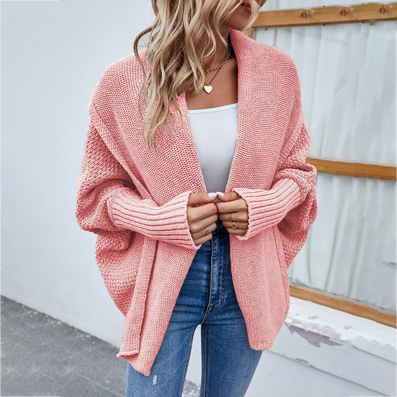 Neu Lose gestrickter Pullover einfarbig Fledermaus Ärmel große Revers Strickjacke Herbst und Winter Mode Jacke für Damen bekleidung