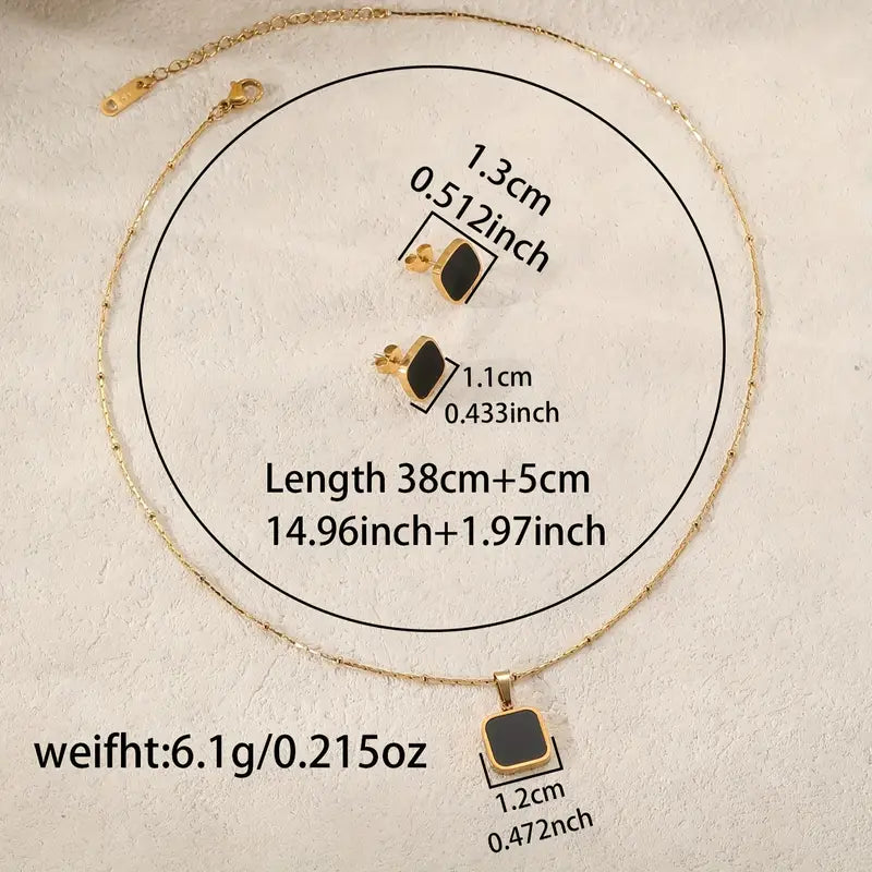 Ohrringe + 1 Halskette Schmuckset Aus Edelstahl 18k Vergoldet Schwarz Quadratisches