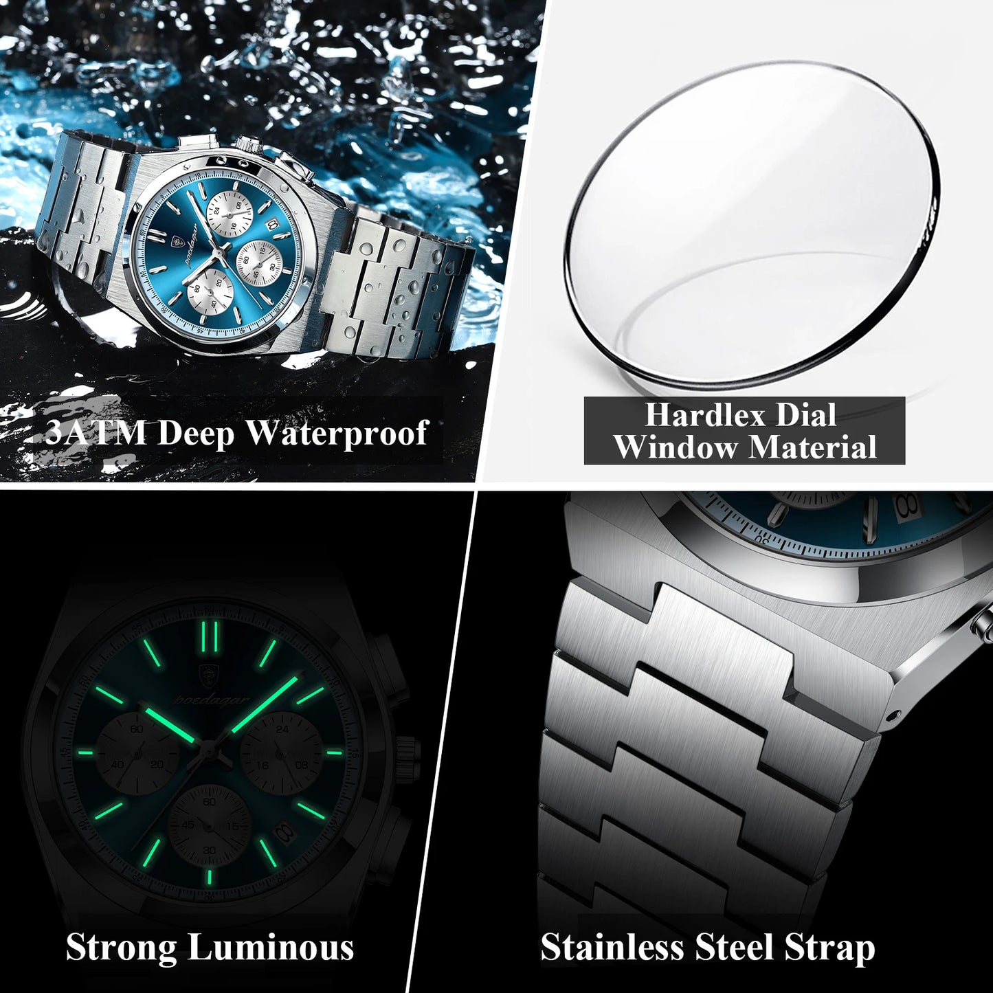 POEDAGAR Luxus Mann Quarzuhr Sport Militäruhr Für Männer Wasserdicht Leuchtdatum Chronograph Edelstahl Herrenuhren