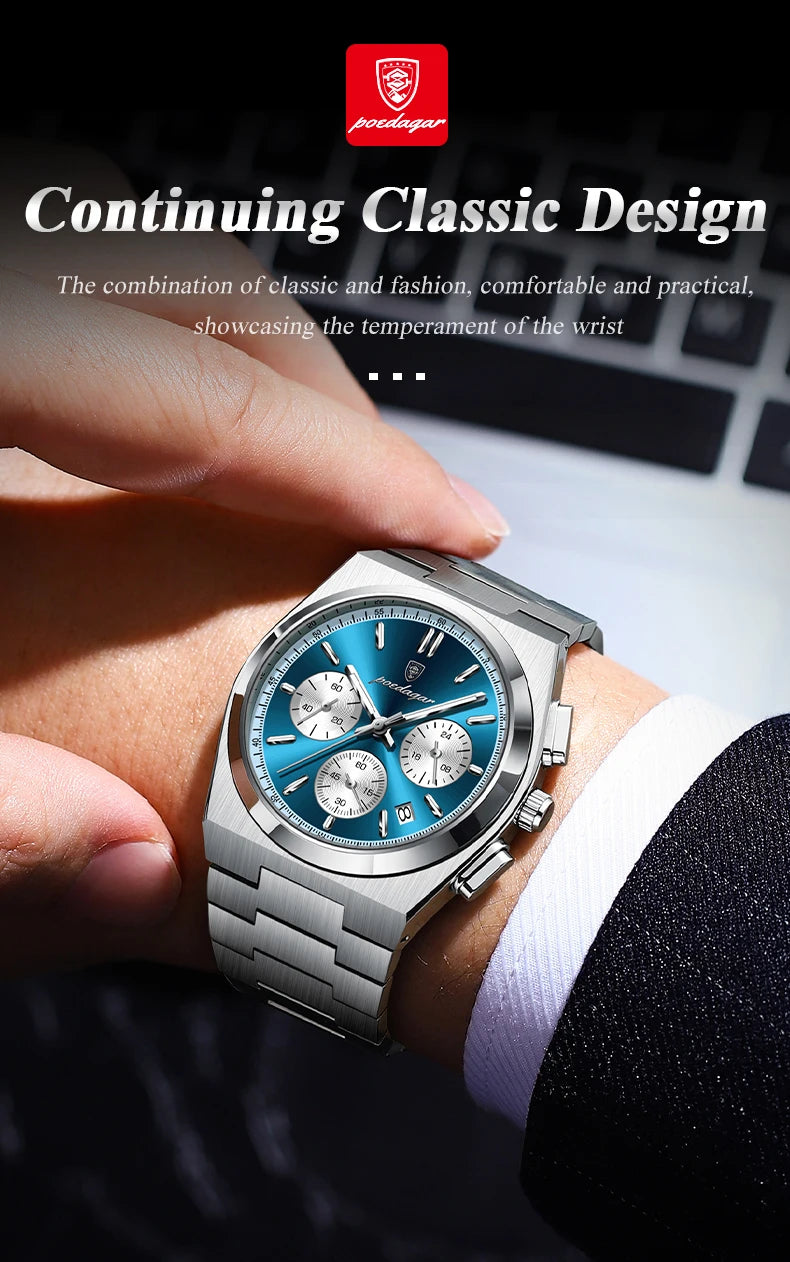 POEDAGAR Luxus Mann Quarzuhr Sport Militäruhr Für Männer Wasserdicht Leuchtdatum Chronograph Edelstahl Herrenuhren