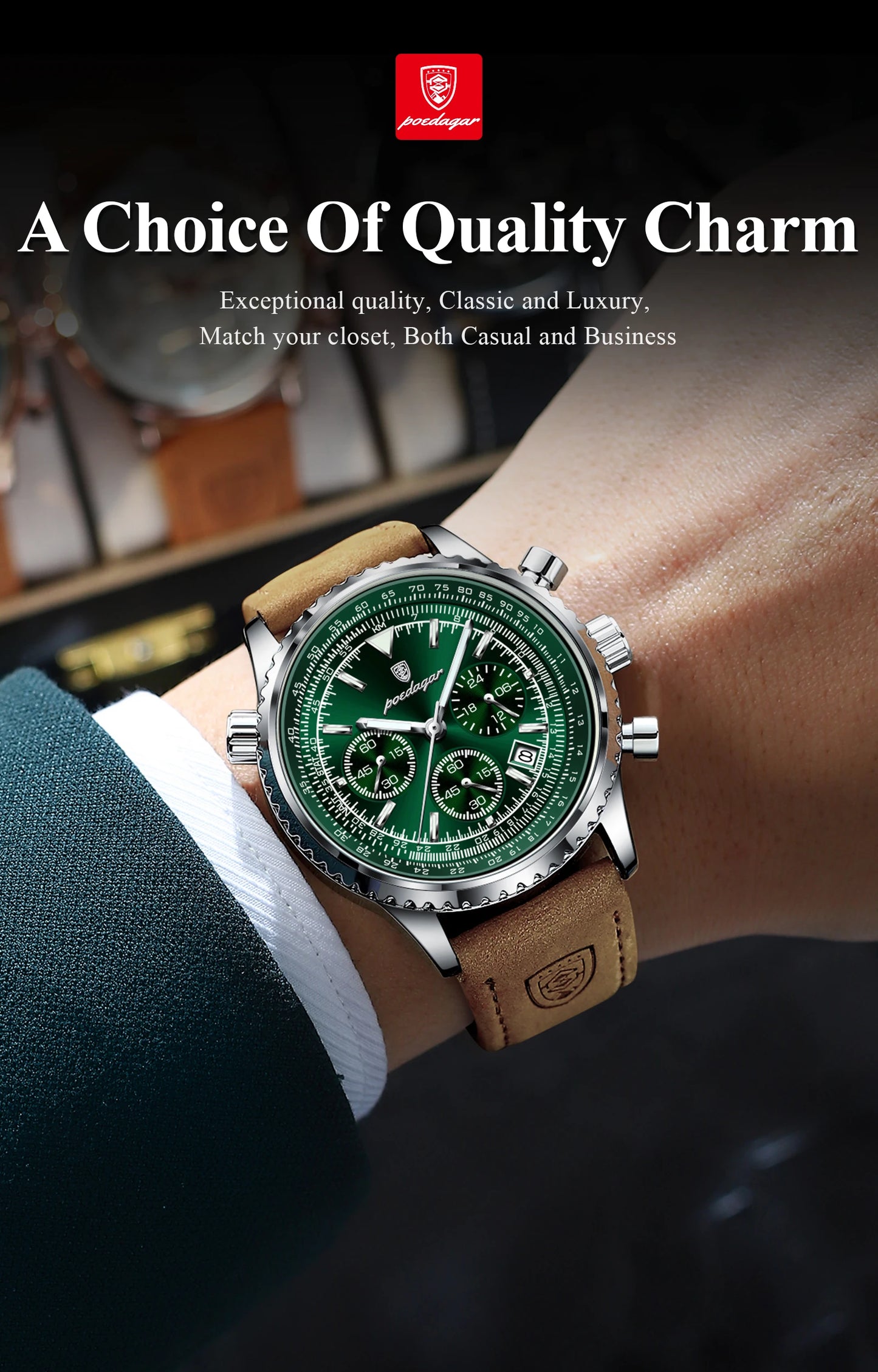 POEDAGAR Luxus Herrenuhr Quarz Wasserdicht Leuchtdatum Chronograph Leder Herrenarmbanduhr Militär Sport Herrenuhren Reloj