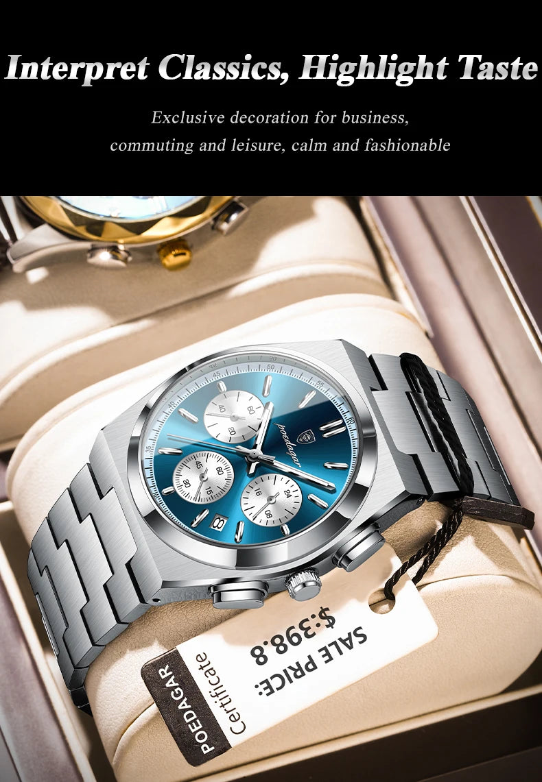 POEDAGAR Luxus Mann Quarzuhr Sport Militäruhr Für Männer Wasserdicht Leuchtdatum Chronograph Edelstahl Herrenuhren