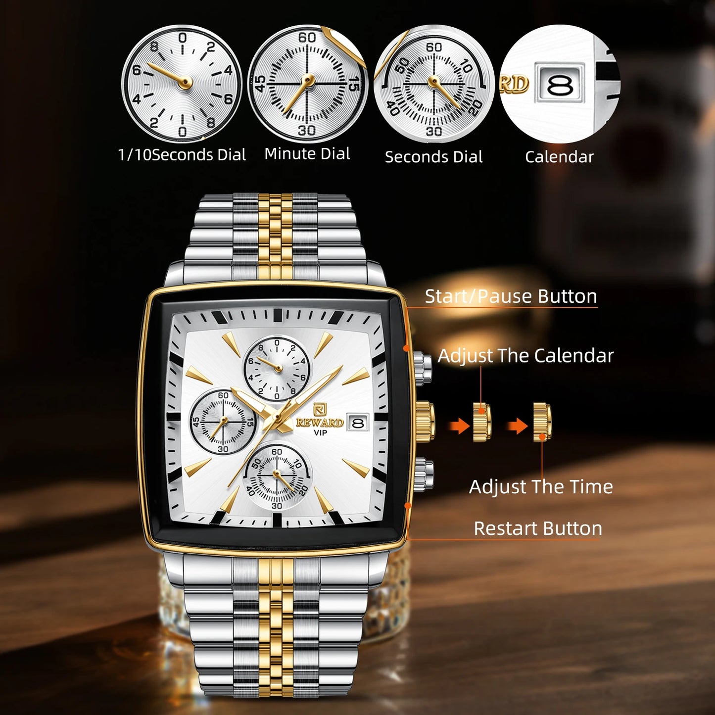 REWARD VIP Herrenuhren Wasserdichte Leuchtende Sportuhren für Mann Edelstahl Armbanduhr Chronograph Datum Stoppuhr