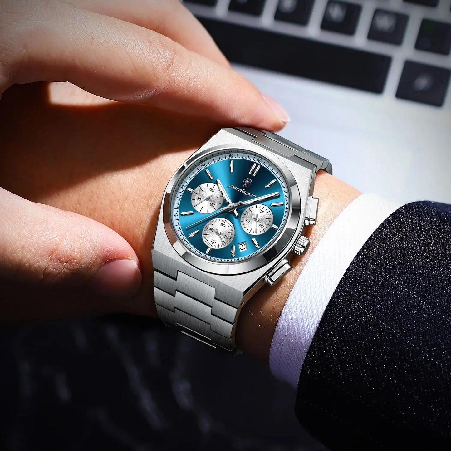 POEDAGAR Luxus Mann Quarzuhr Sport Militäruhr Für Männer Wasserdicht Leuchtdatum Chronograph Edelstahl Herrenuhren