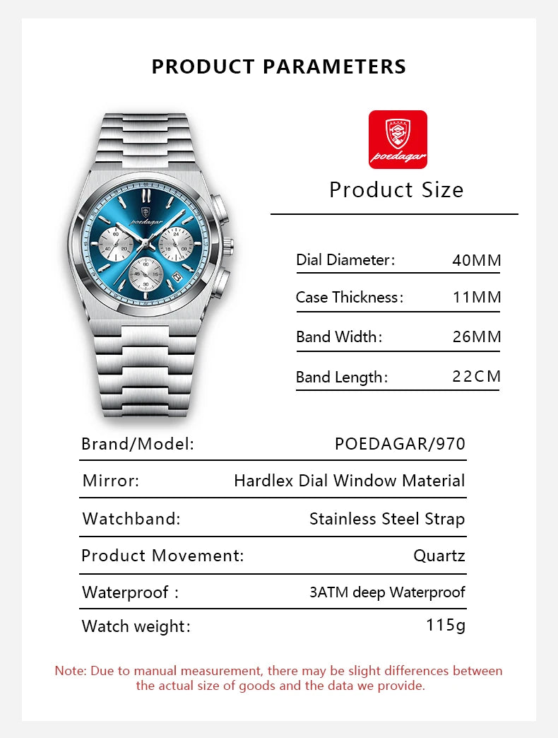 POEDAGAR Luxus Mann Quarzuhr Sport Militäruhr Für Männer Wasserdicht Leuchtdatum Chronograph Edelstahl Herrenuhren