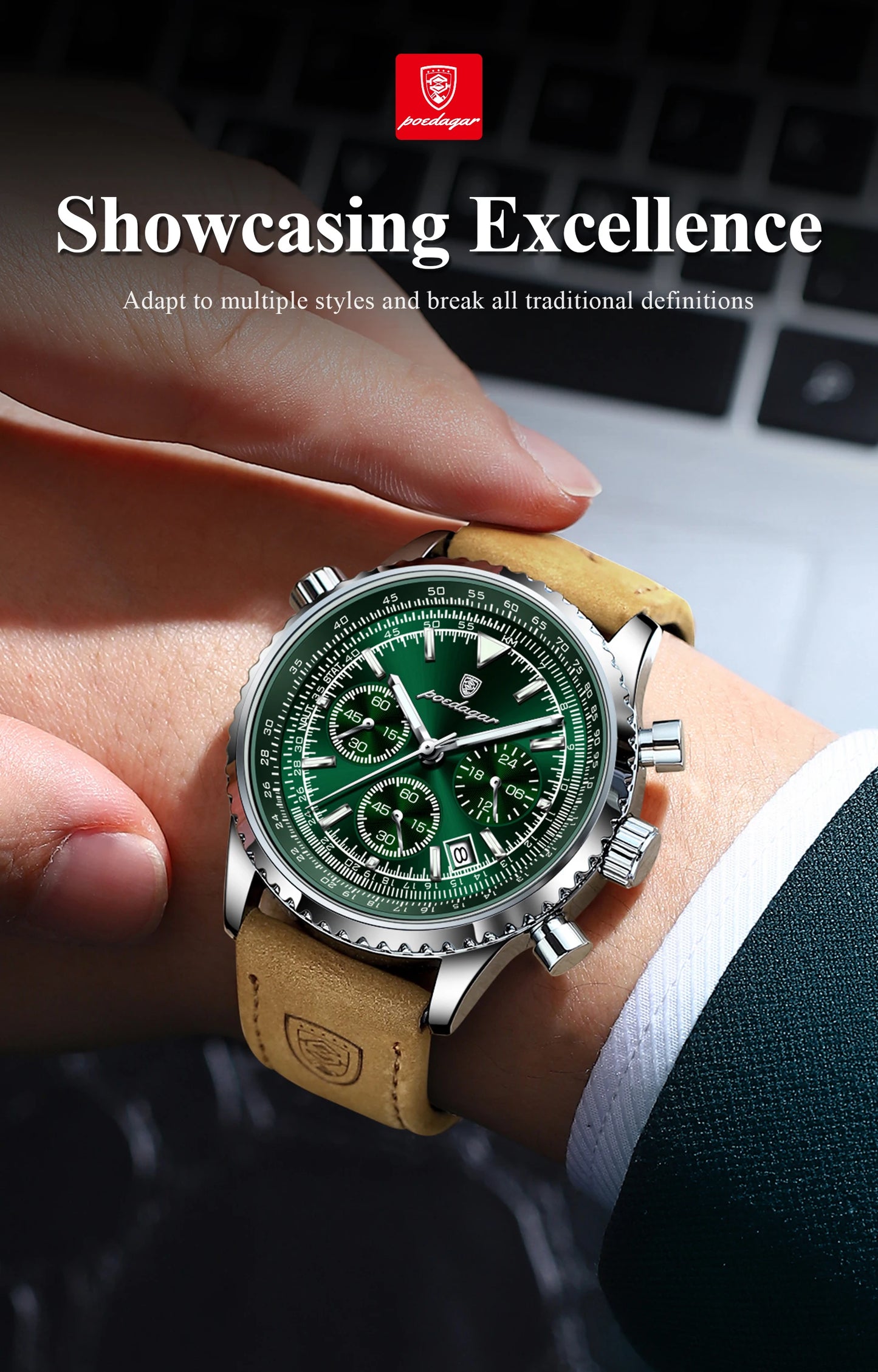 POEDAGAR Luxus Herrenuhr Quarz Wasserdicht Leuchtdatum Chronograph Leder Herrenarmbanduhr Militär Sport Herrenuhren Reloj