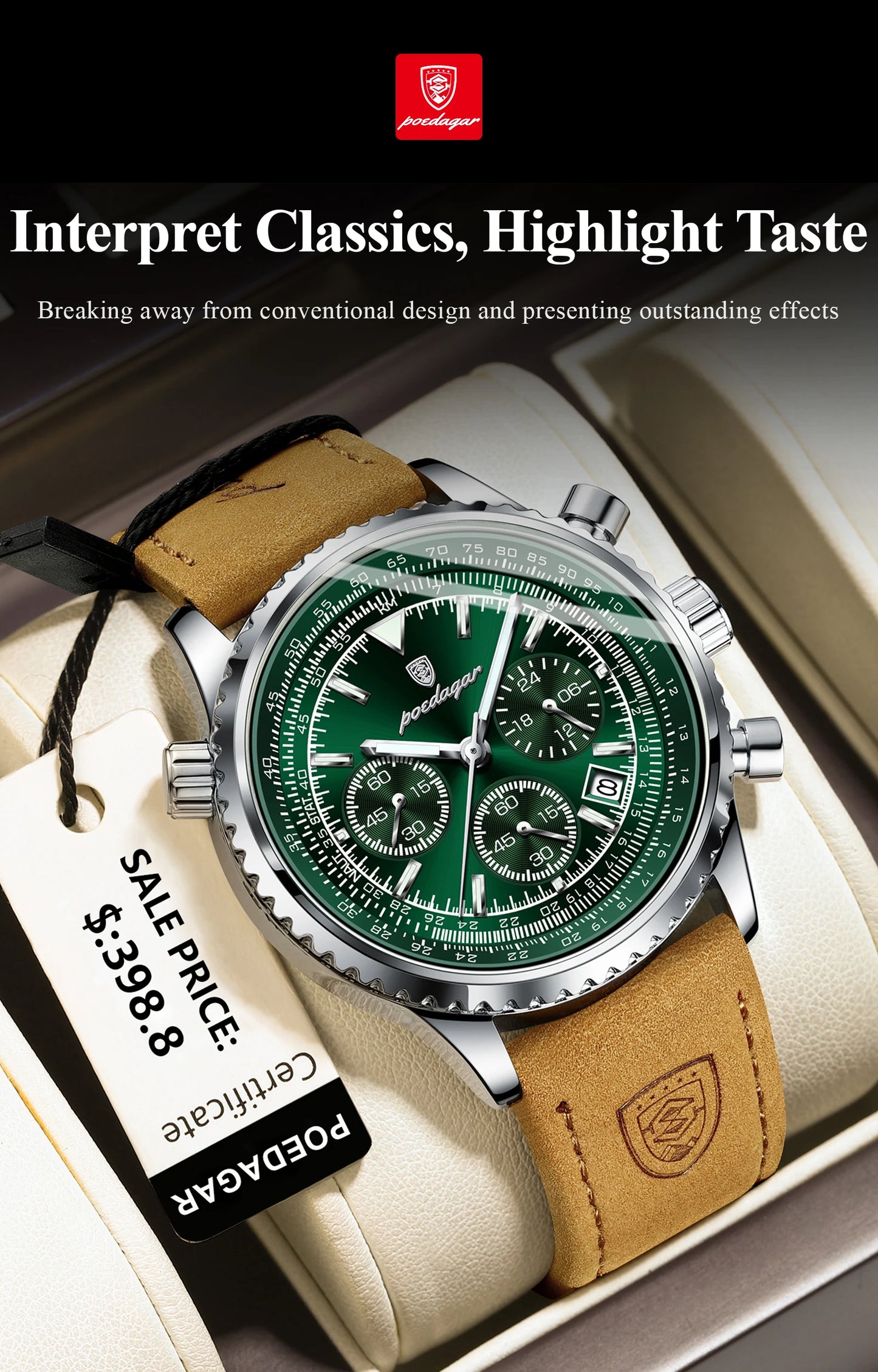 POEDAGAR Luxus Herrenuhr Quarz Wasserdicht Leuchtdatum Chronograph Leder Herrenarmbanduhr Militär Sport Herrenuhren Reloj