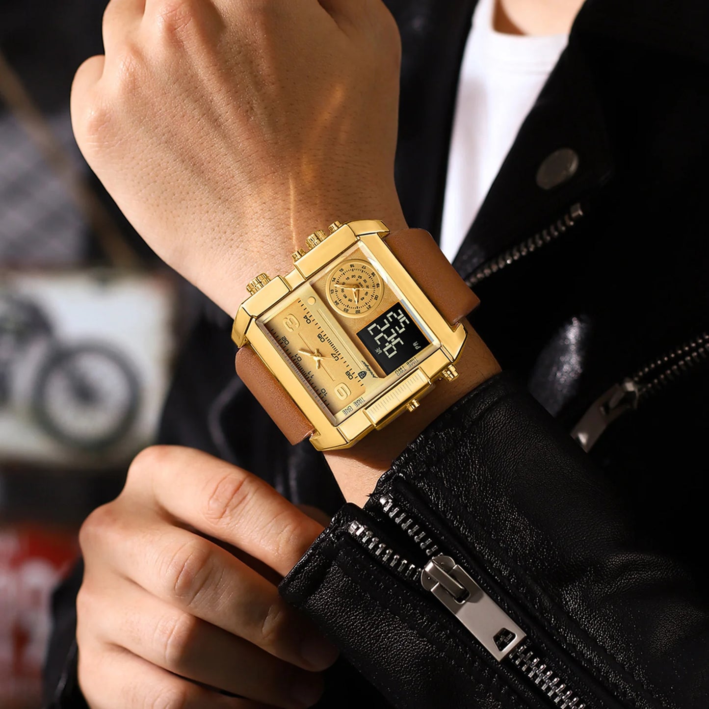 POEDAGAR Luxus Mann Armbanduhr Rechteck Wasserdicht Leuchtend Tag Woche Herrenuhr Digitale Multifunktions Herrenuhren Quarz Reloj
