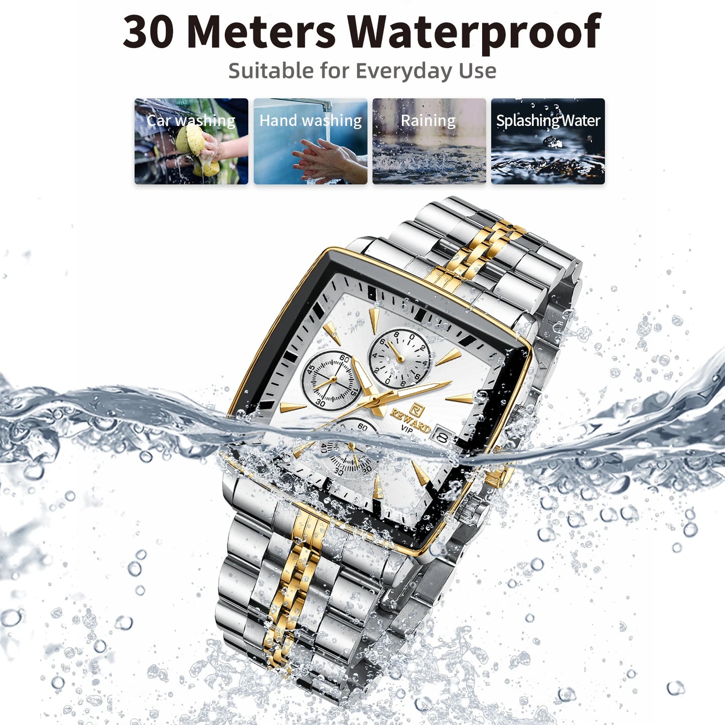 REWARD VIP Herrenuhren Wasserdichte Leuchtende Sportuhren für Mann Edelstahl Armbanduhr Chronograph Datum Stoppuhr