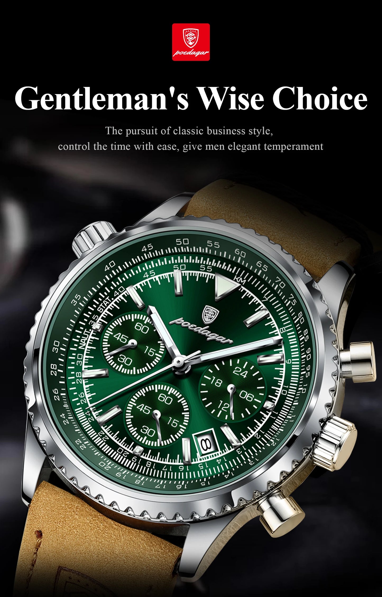 POEDAGAR Luxus Herrenuhr Quarz Wasserdicht Leuchtdatum Chronograph Leder Herrenarmbanduhr Militär Sport Herrenuhren Reloj