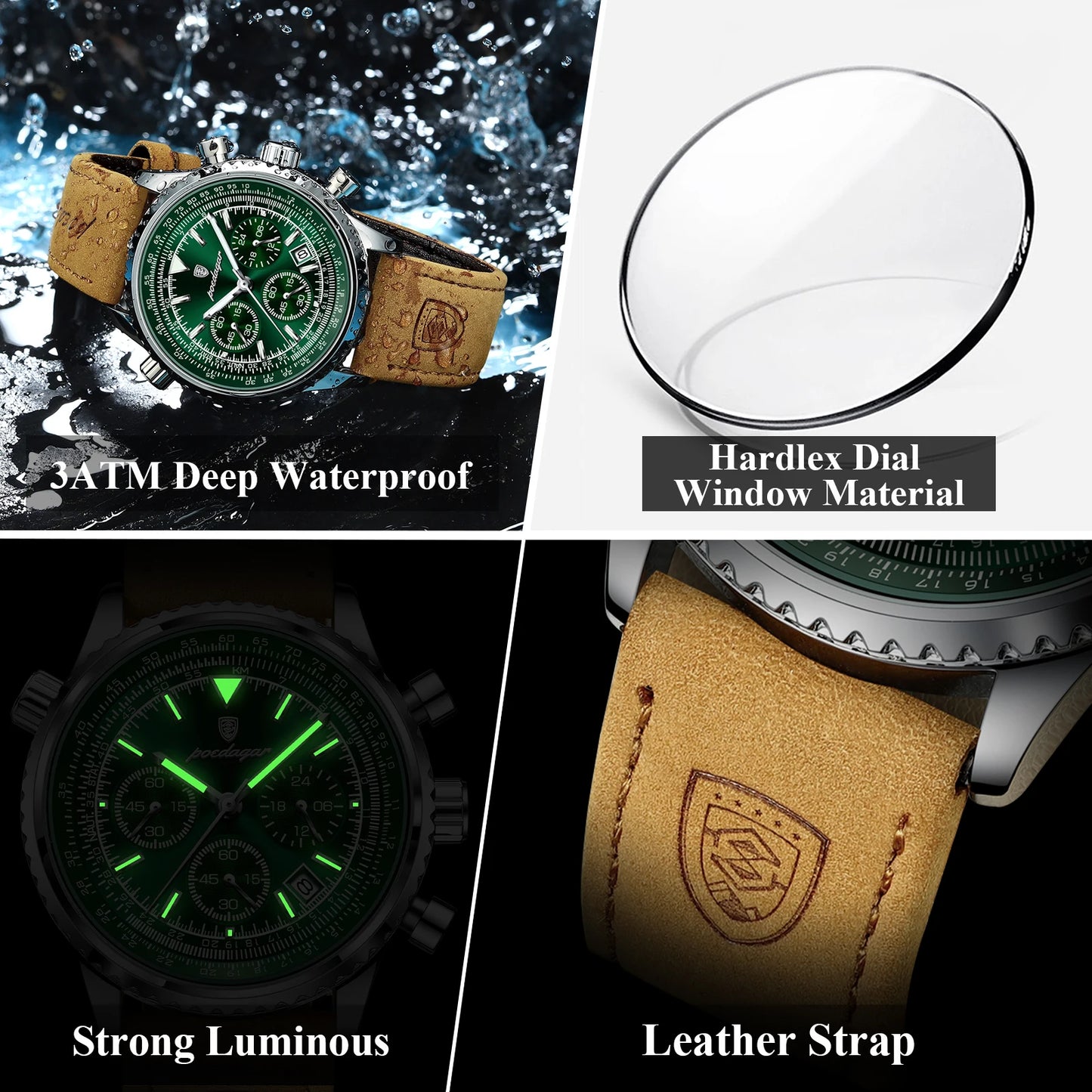 POEDAGAR Luxus Herrenuhr Quarz Wasserdicht Leuchtdatum Chronograph Leder Herrenarmbanduhr Militär Sport Herrenuhren Reloj