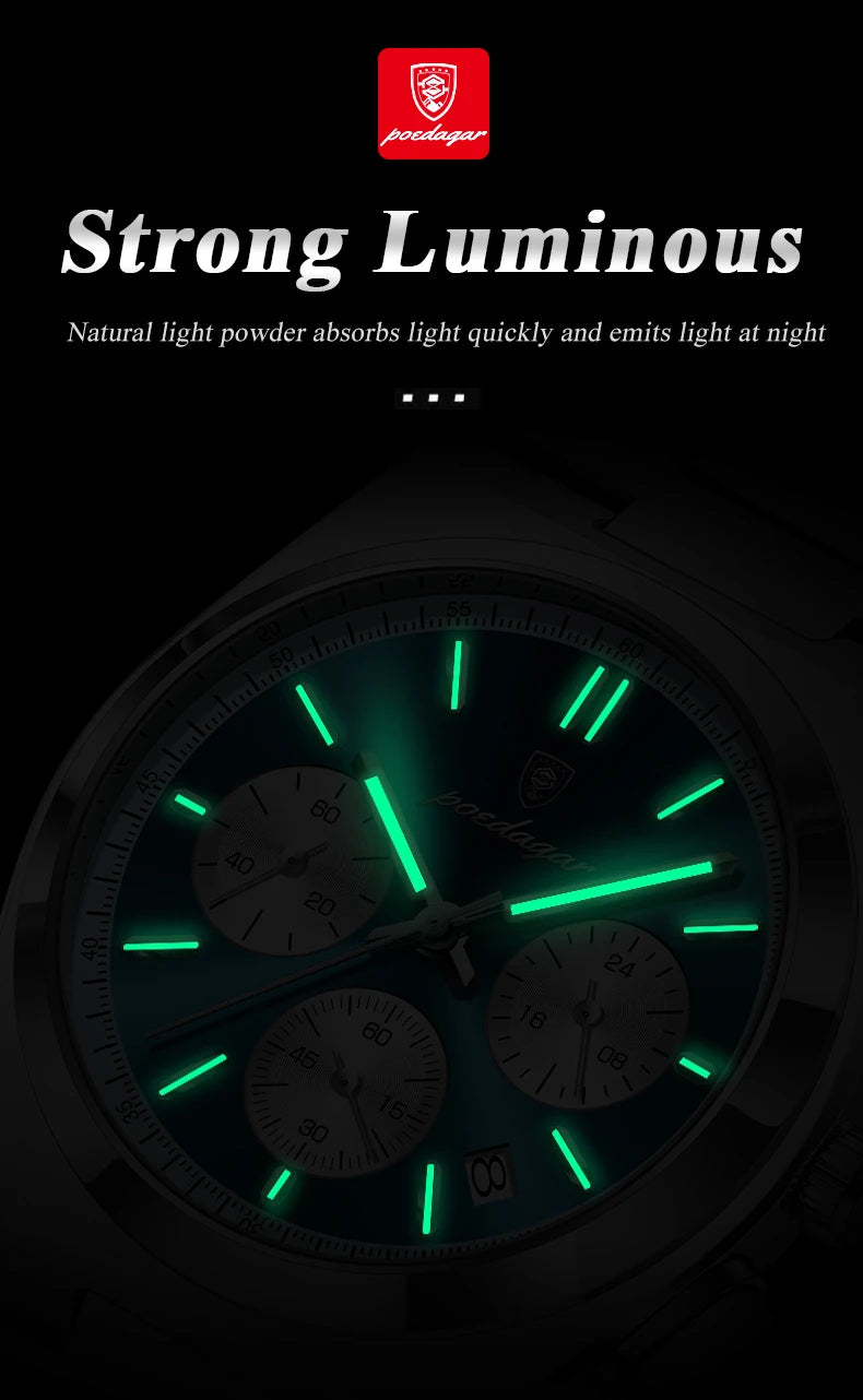 POEDAGAR Luxus Mann Quarzuhr Sport Militäruhr Für Männer Wasserdicht Leuchtdatum Chronograph Edelstahl Herrenuhren