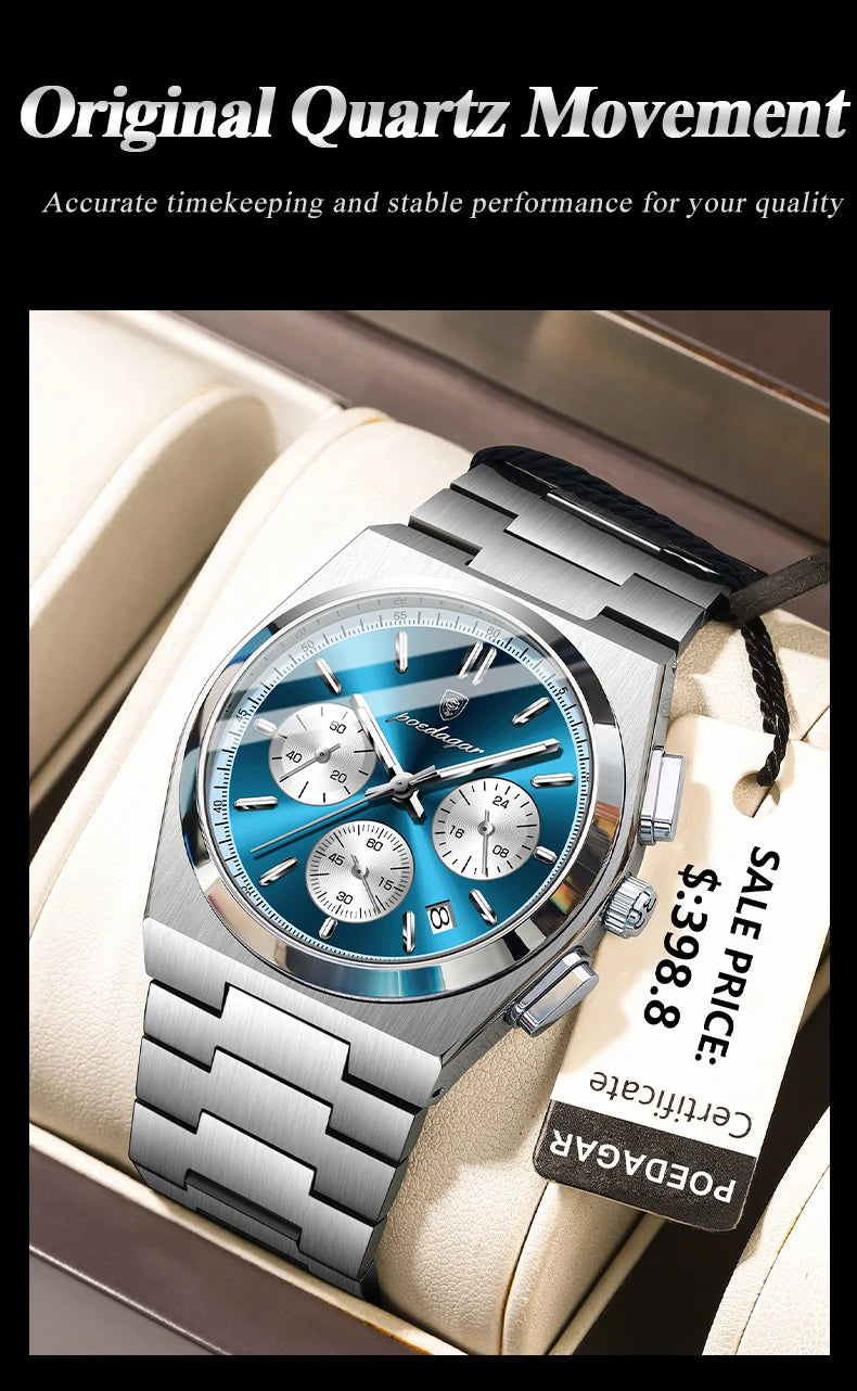 POEDAGAR Luxus Mann Quarzuhr Sport Militäruhr Für Männer Wasserdicht Leuchtdatum Chronograph Edelstahl Herrenuhren