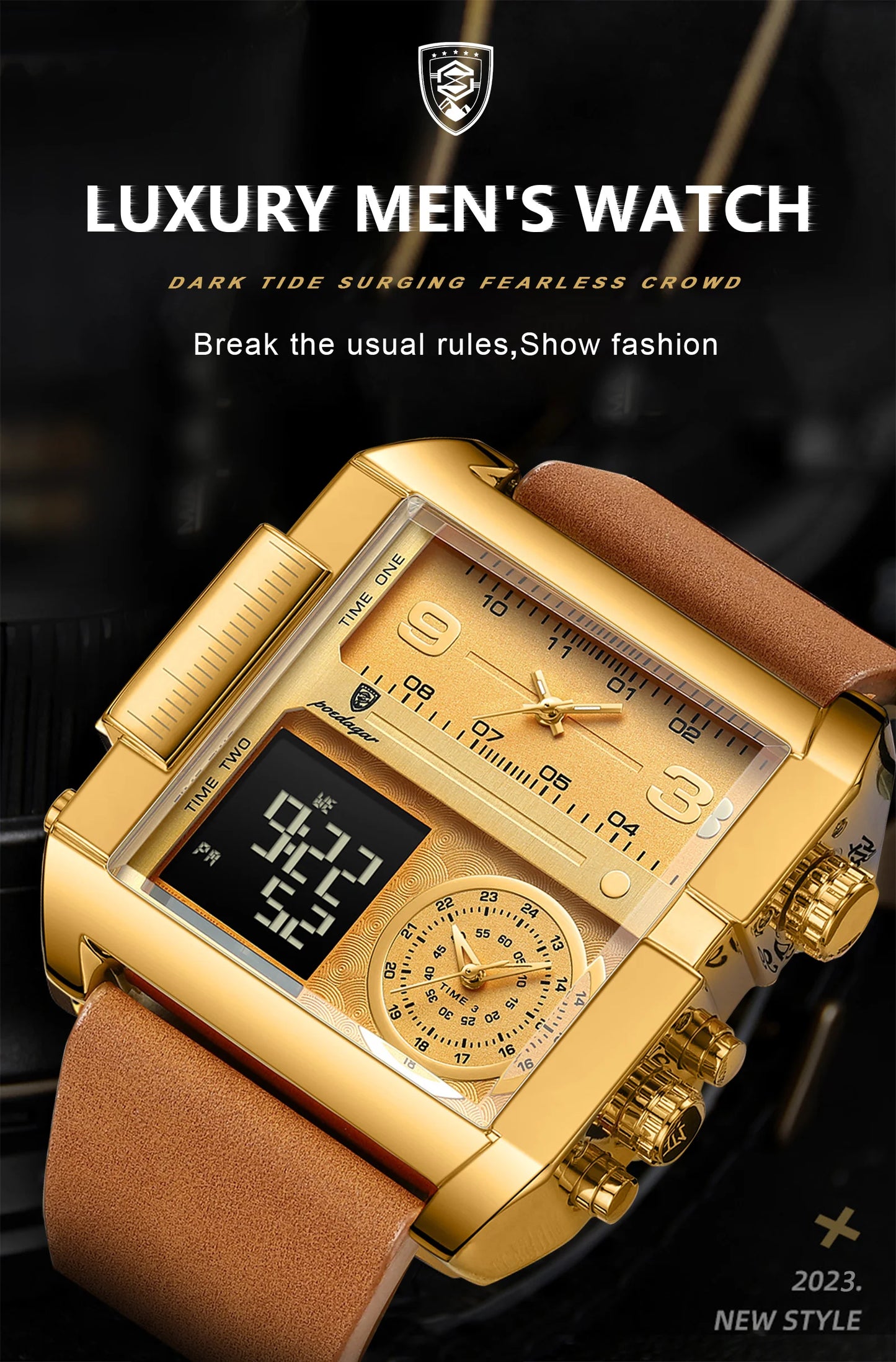 POEDAGAR Luxus Mann Armbanduhr Rechteck Wasserdicht Leuchtend Tag Woche Herrenuhr Digitale Multifunktions Herrenuhren Quarz Reloj