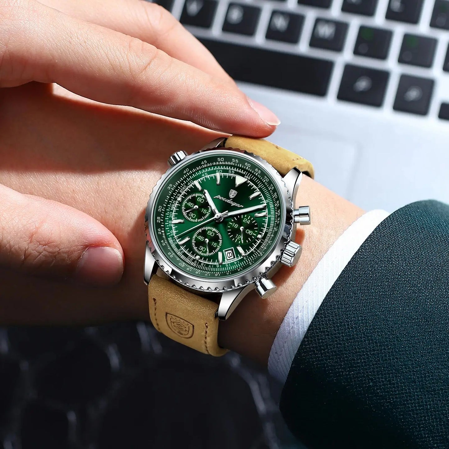 POEDAGAR Luxus Herrenuhr Quarz Wasserdicht Leuchtdatum Chronograph Leder Herrenarmbanduhr Militär Sport Herrenuhren Reloj