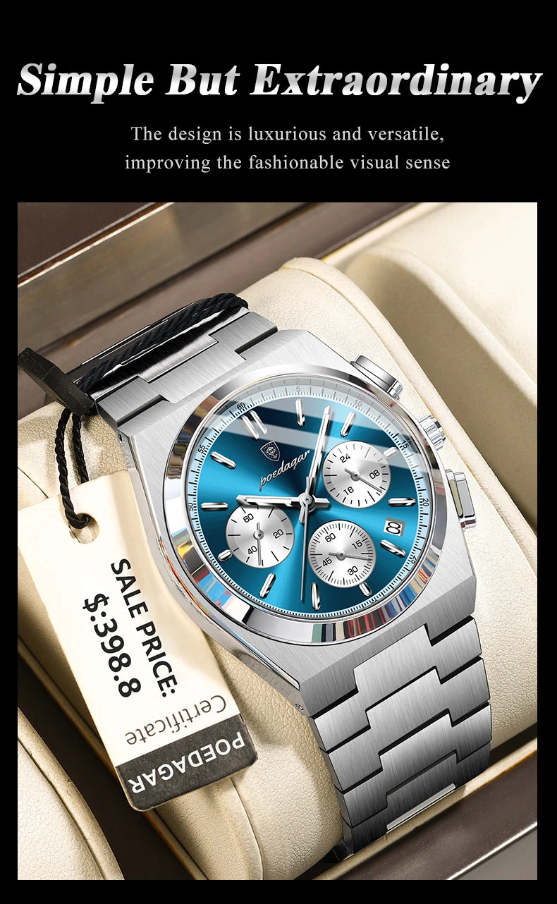 POEDAGAR Luxus Mann Quarzuhr Sport Militäruhr Für Männer Wasserdicht Leuchtdatum Chronograph Edelstahl Herrenuhren