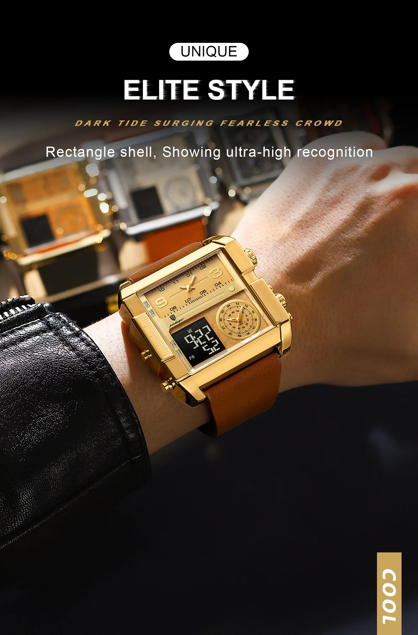 POEDAGAR Luxus Mann Armbanduhr Rechteck Wasserdicht Leuchtend Tag Woche Herrenuhr Digitale Multifunktions Herrenuhren Quarz Reloj