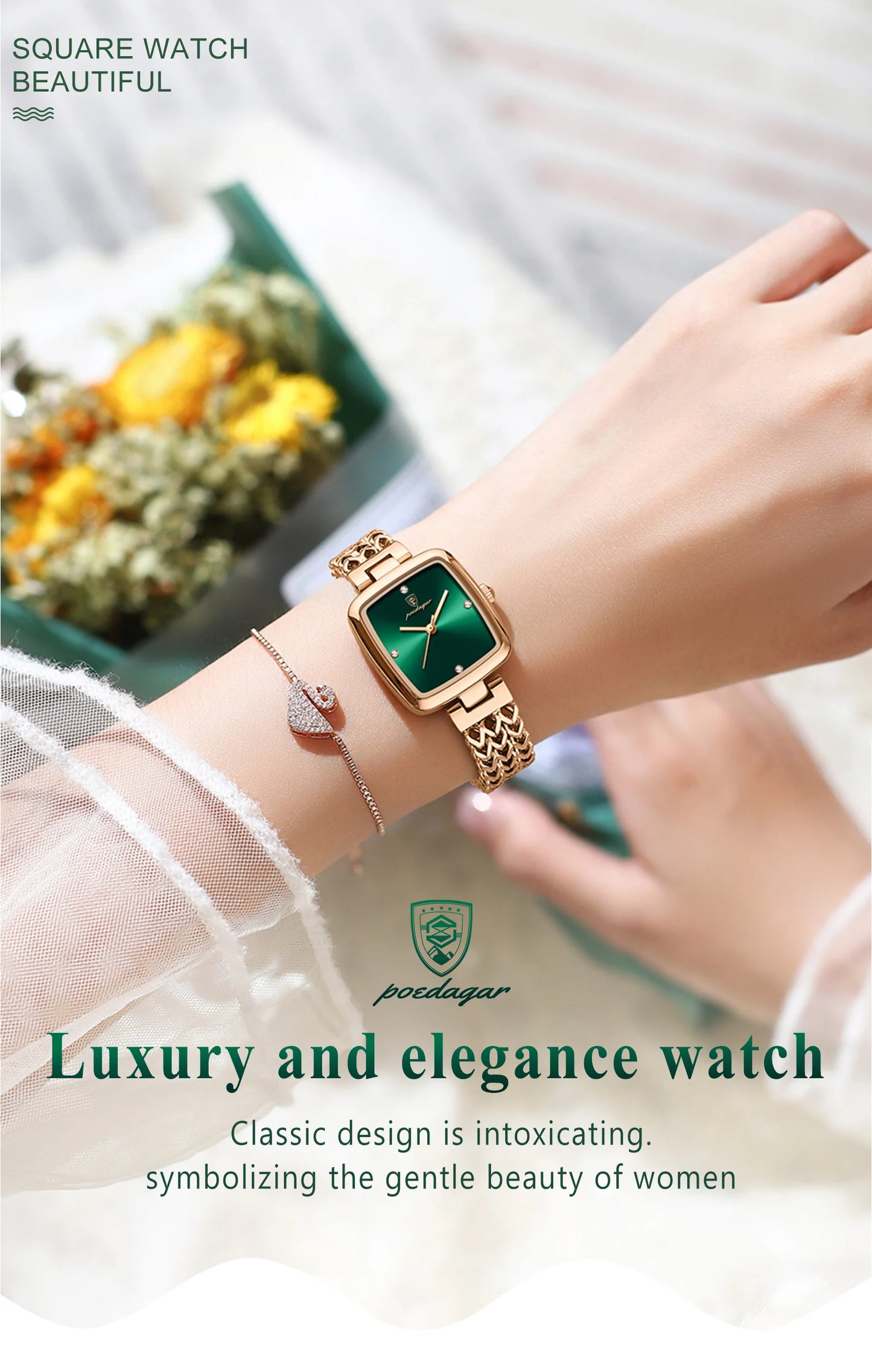 POEDAGAR Luxus Quadratische Uhr für Frau Wasserdichte Edelstahl Damen Quarzuhr Kleid Elegante Damenuhren Mode reloj