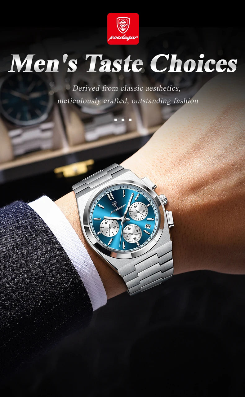 POEDAGAR Luxus Mann Quarzuhr Sport Militäruhr Für Männer Wasserdicht Leuchtdatum Chronograph Edelstahl Herrenuhren