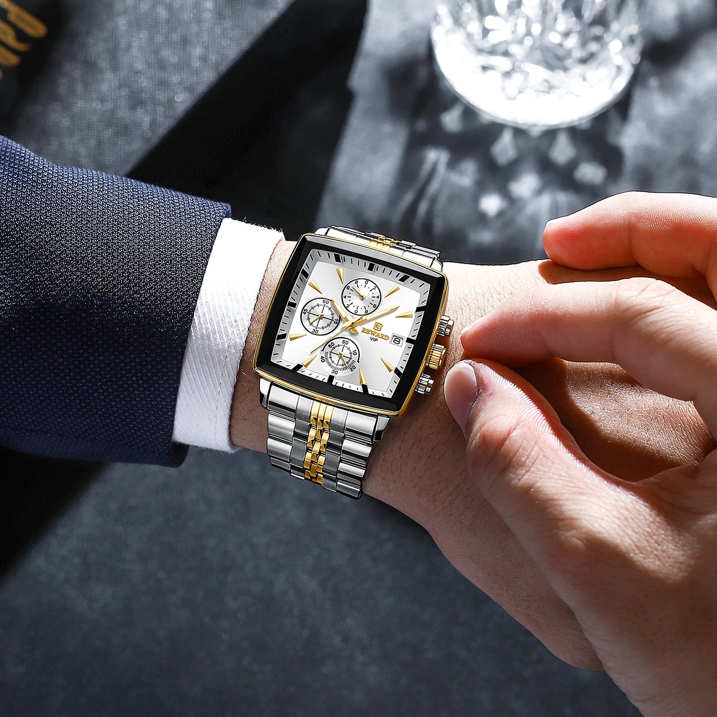 REWARD VIP Herrenuhren Wasserdichte Leuchtende Sportuhren für Mann Edelstahl Armbanduhr Chronograph Datum Stoppuhr