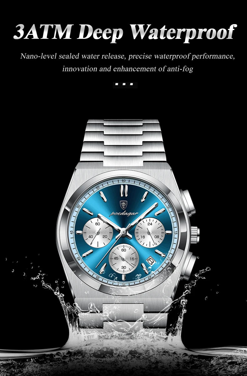 POEDAGAR Luxus Mann Quarzuhr Sport Militäruhr Für Männer Wasserdicht Leuchtdatum Chronograph Edelstahl Herrenuhren