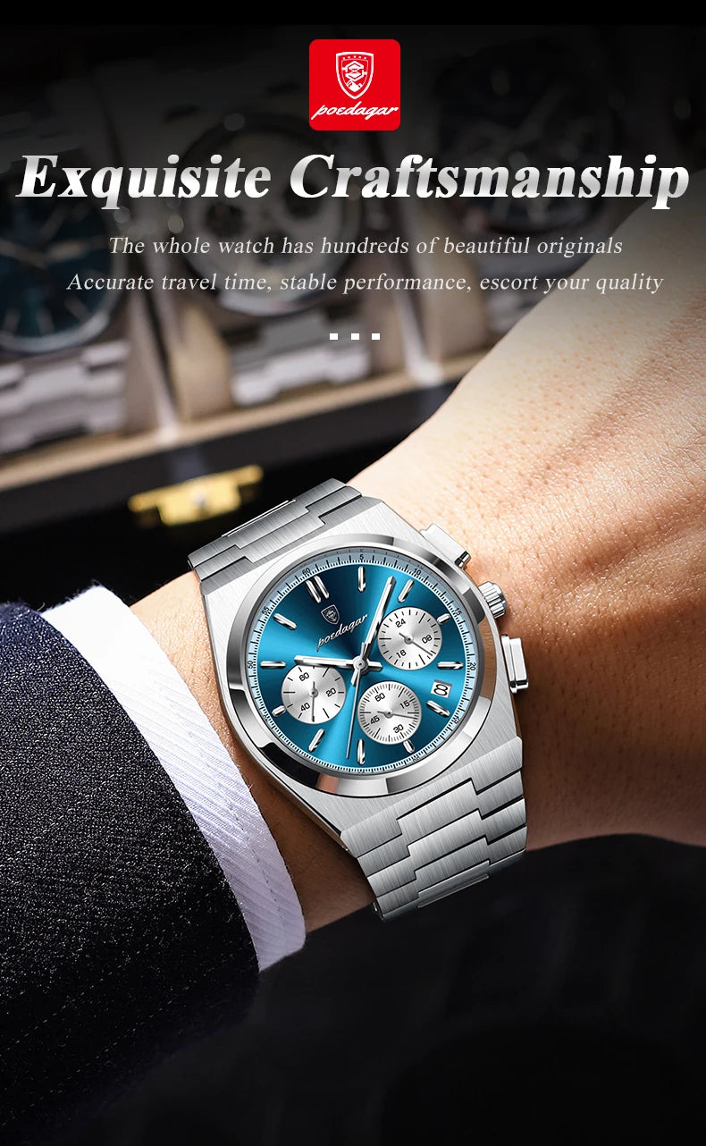 POEDAGAR Luxus Mann Quarzuhr Sport Militäruhr Für Männer Wasserdicht Leuchtdatum Chronograph Edelstahl Herrenuhren