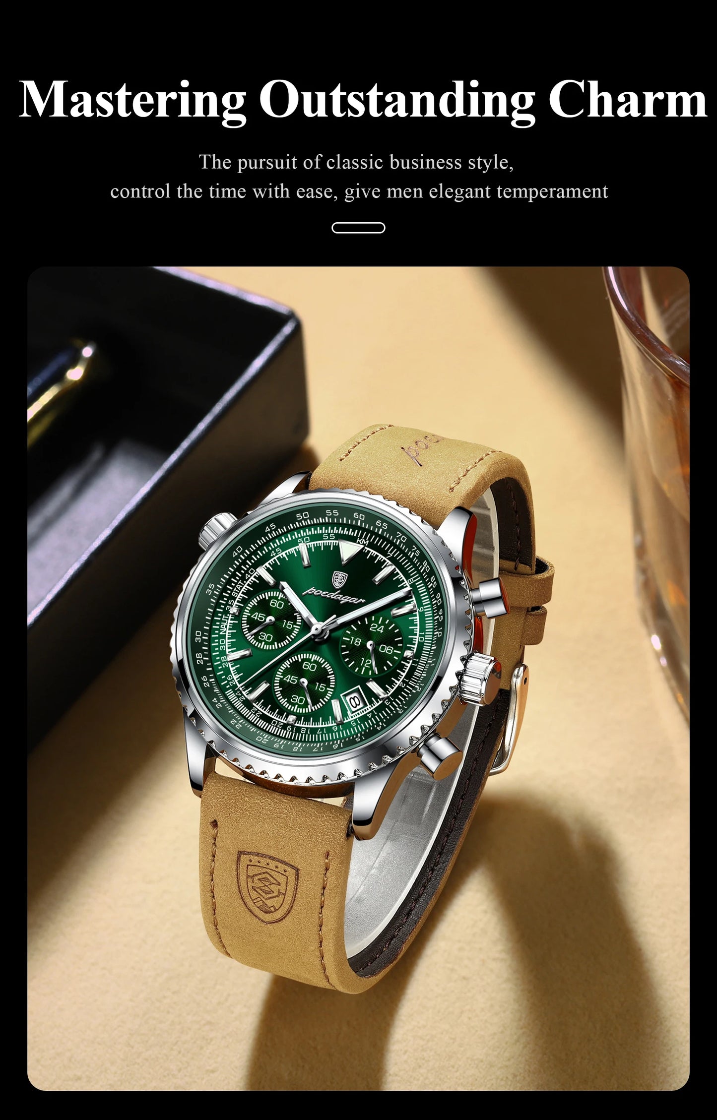 POEDAGAR Luxus Herrenuhr Quarz Wasserdicht Leuchtdatum Chronograph Leder Herrenarmbanduhr Militär Sport Herrenuhren Reloj