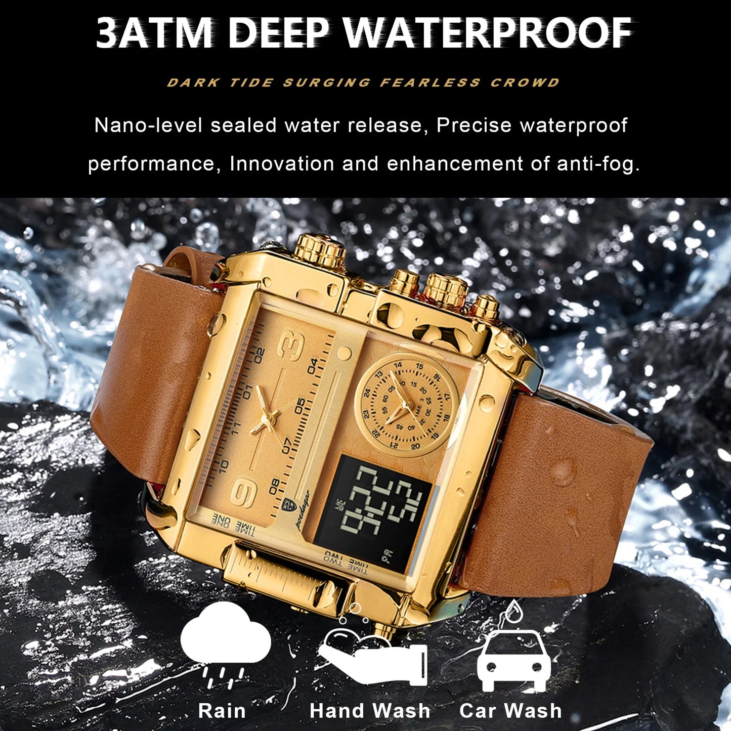 POEDAGAR Luxus Mann Armbanduhr Rechteck Wasserdicht Leuchtend Tag Woche Herrenuhr Digitale Multifunktions Herrenuhren Quarz Reloj
