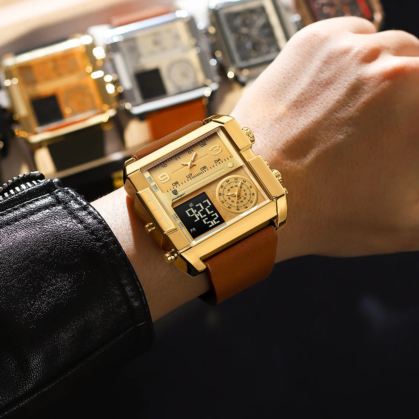 POEDAGAR Luxus Mann Armbanduhr Rechteck Wasserdicht Leuchtend Tag Woche Herrenuhr Digitale Multifunktions Herrenuhren Quarz Reloj