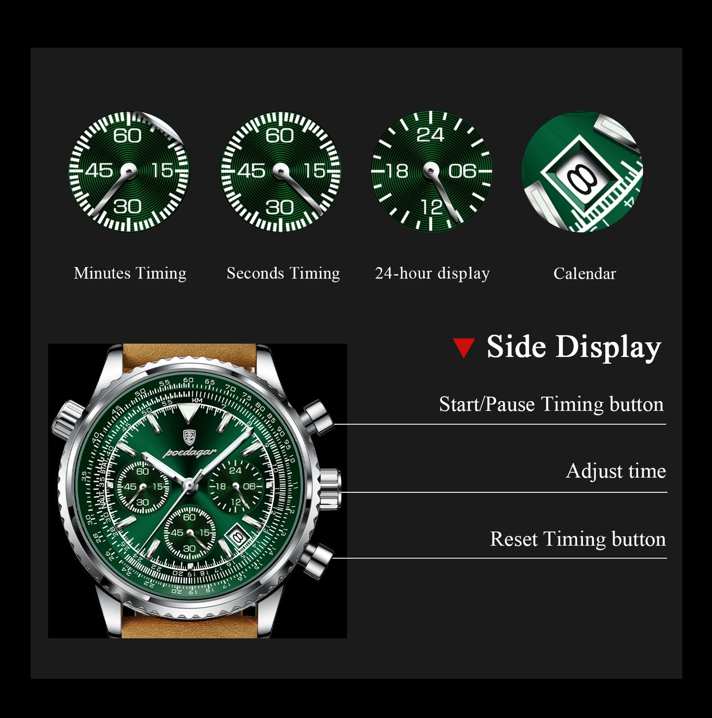 POEDAGAR Luxus Herrenuhr Quarz Wasserdicht Leuchtdatum Chronograph Leder Herrenarmbanduhr Militär Sport Herrenuhren Reloj