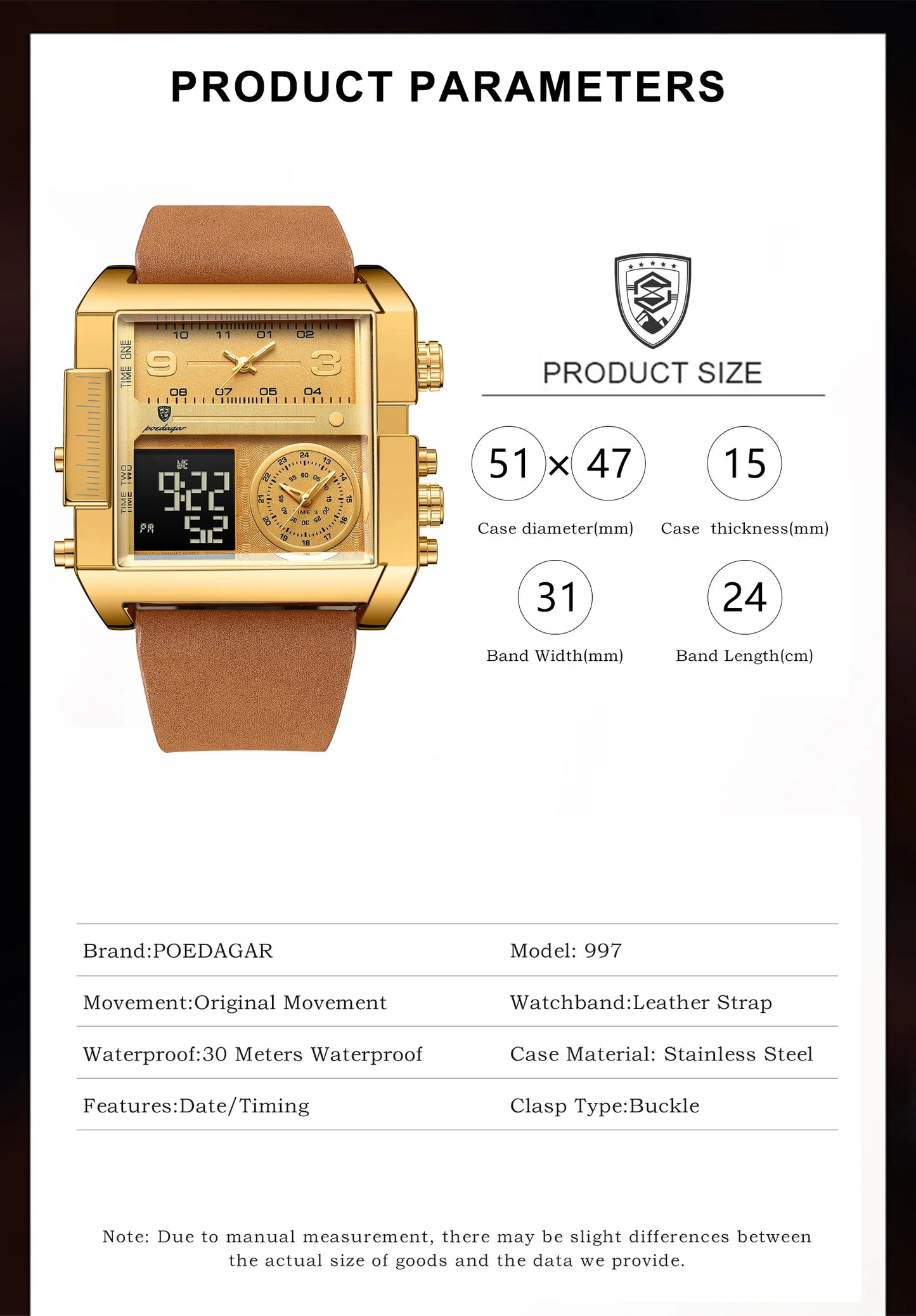 POEDAGAR Luxus Mann Armbanduhr Rechteck Wasserdicht Leuchtend Tag Woche Herrenuhr Digitale Multifunktions Herrenuhren Quarz Reloj