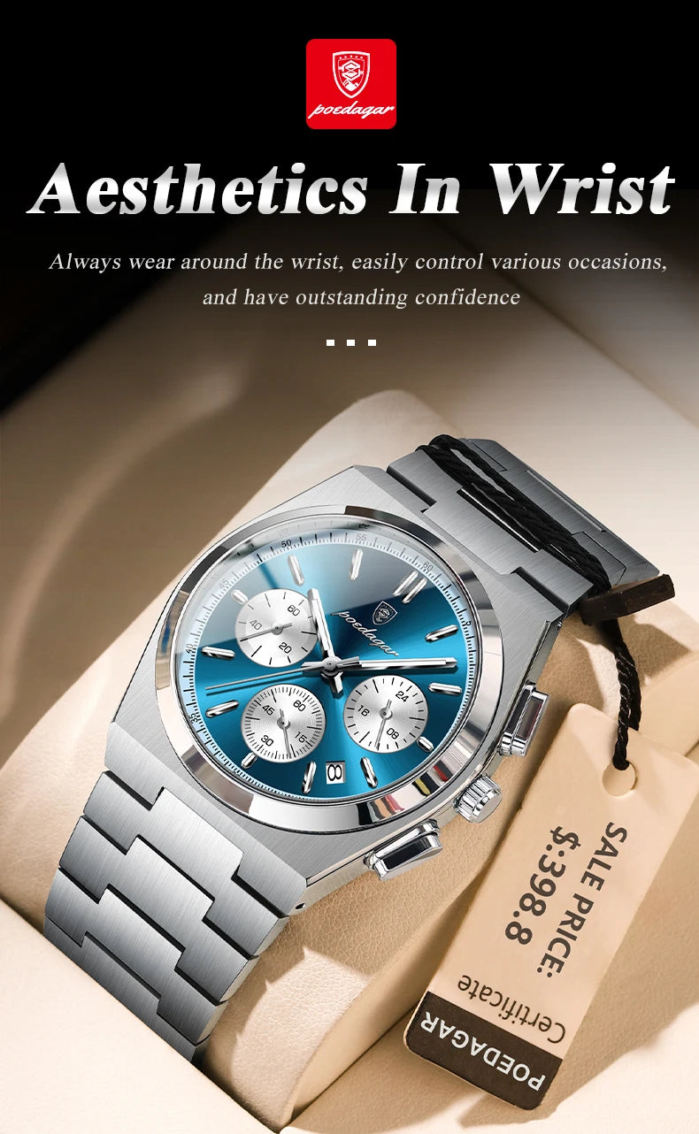 POEDAGAR Luxus Mann Quarzuhr Sport Militäruhr Für Männer Wasserdicht Leuchtdatum Chronograph Edelstahl Herrenuhren