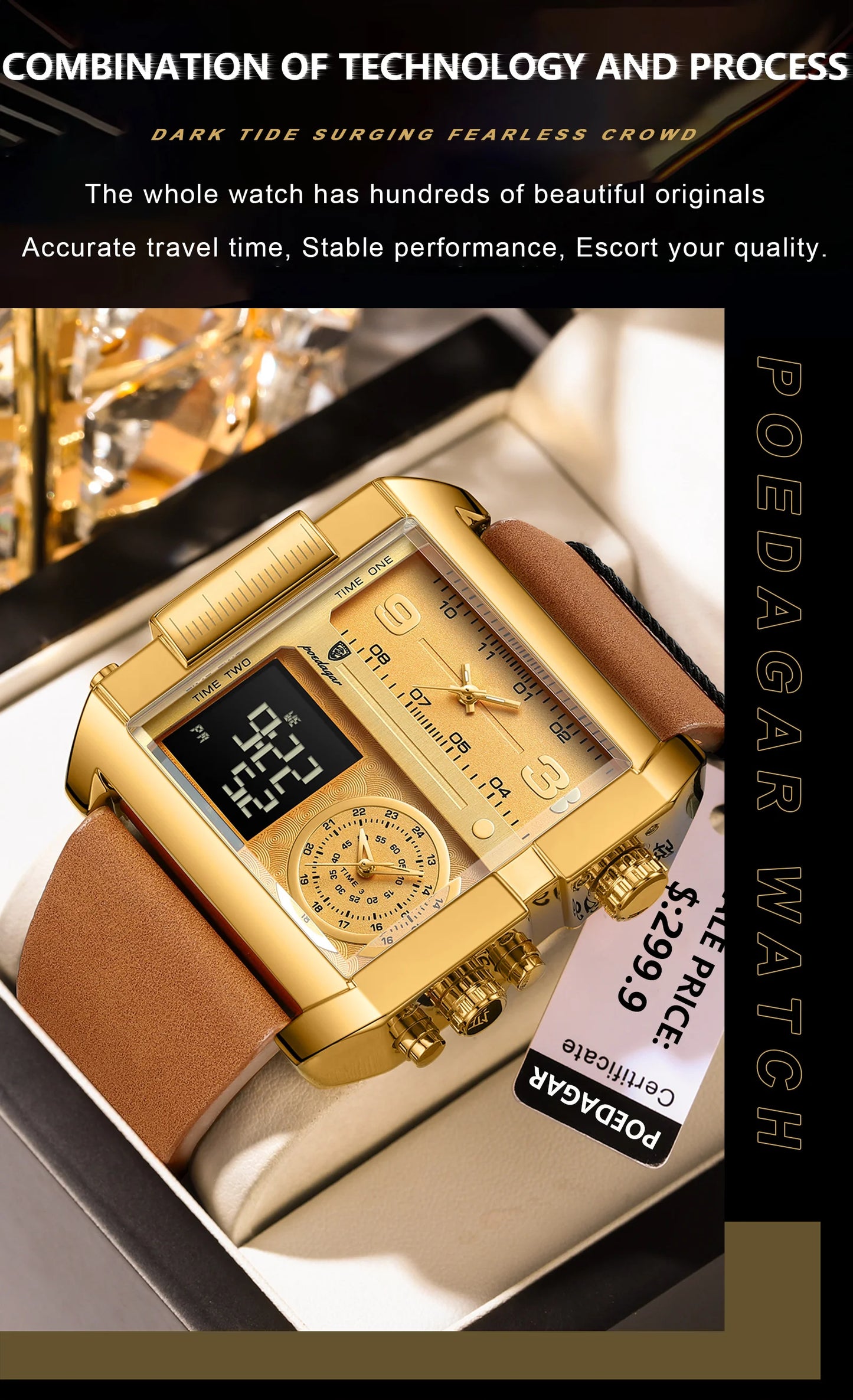 POEDAGAR Luxus Mann Armbanduhr Rechteck Wasserdicht Leuchtend Tag Woche Herrenuhr Digitale Multifunktions Herrenuhren Quarz Reloj