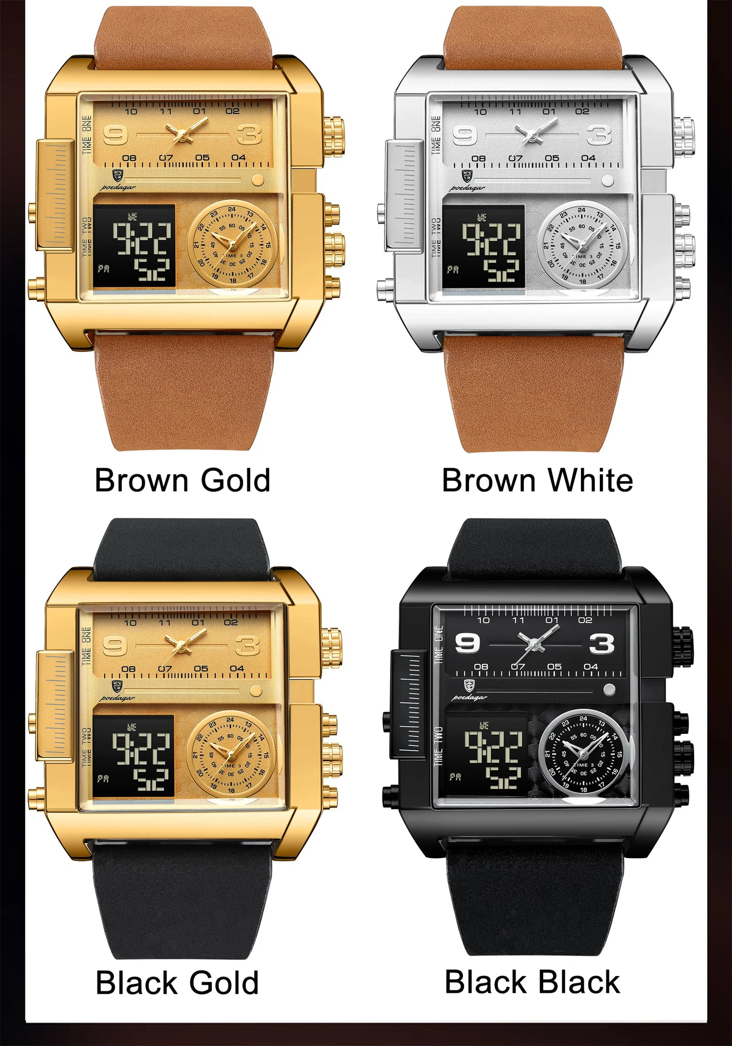 POEDAGAR Luxus Mann Armbanduhr Rechteck Wasserdicht Leuchtend Tag Woche Herrenuhr Digitale Multifunktions Herrenuhren Quarz Reloj