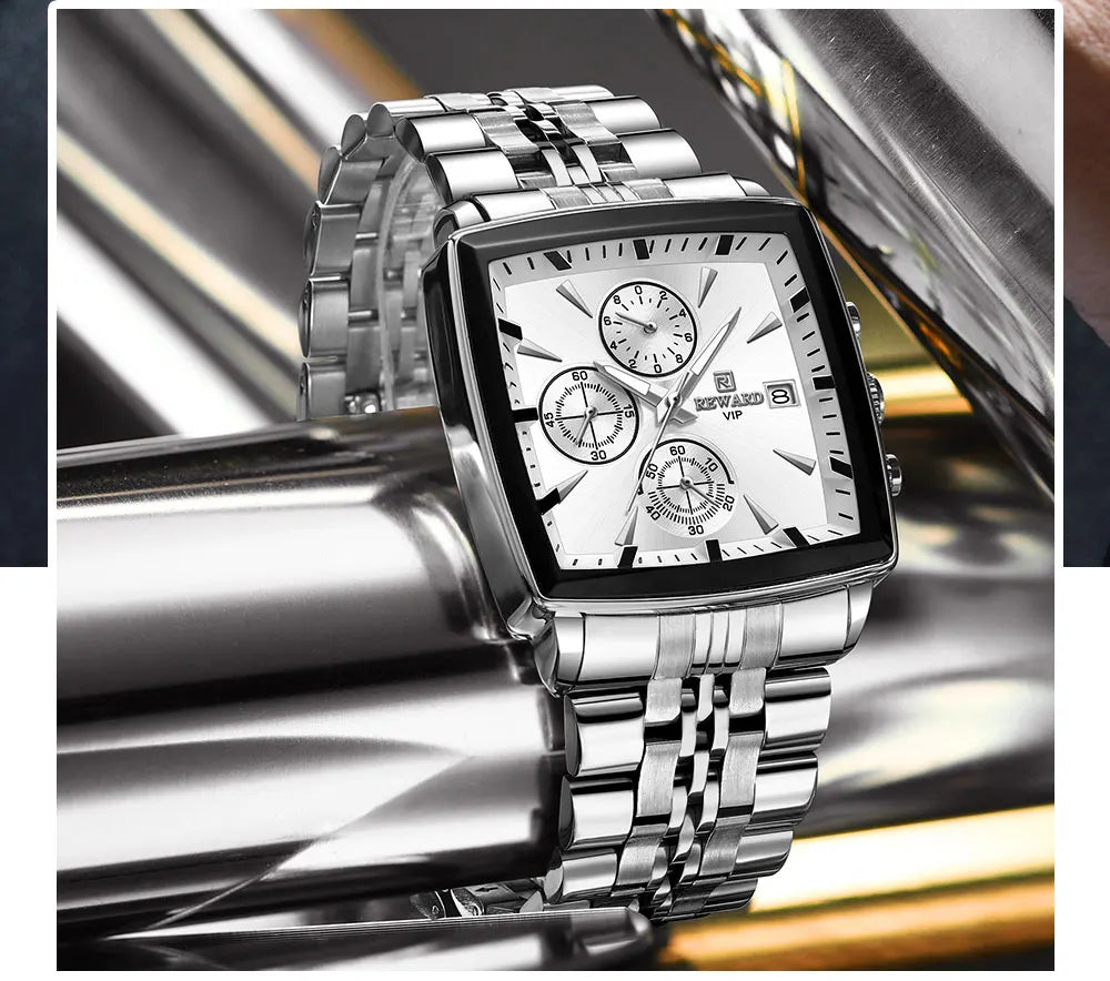 REWARD VIP Herrenuhren Wasserdichte Leuchtende Sportuhren für Mann Edelstahl Armbanduhr Chronograph Datum Stoppuhr