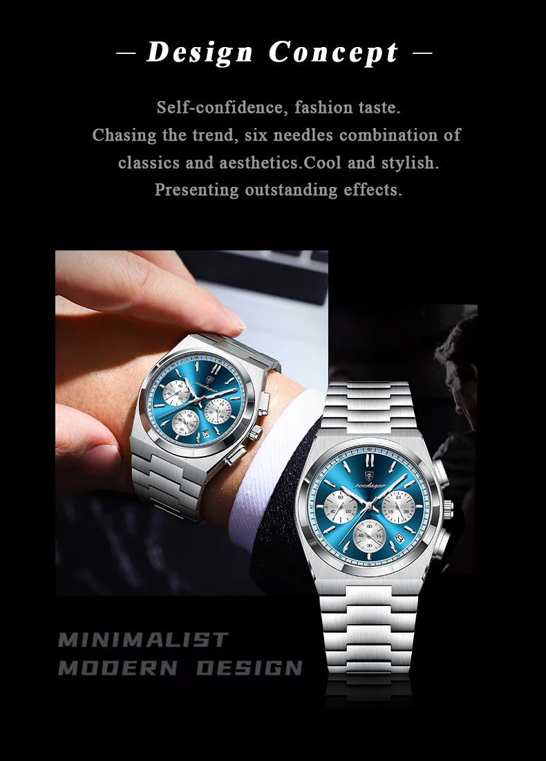 POEDAGAR Luxus Mann Quarzuhr Sport Militäruhr Für Männer Wasserdicht Leuchtdatum Chronograph Edelstahl Herrenuhren