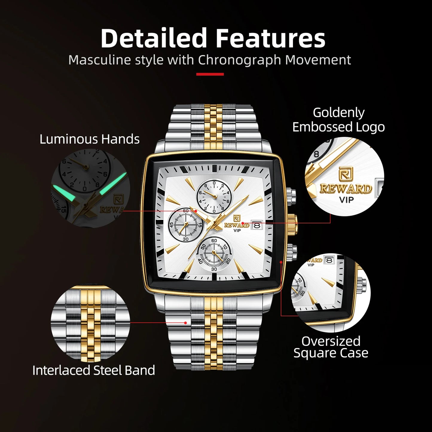 REWARD VIP Herrenuhren Wasserdichte Leuchtende Sportuhren für Mann Edelstahl Armbanduhr Chronograph Datum Stoppuhr
