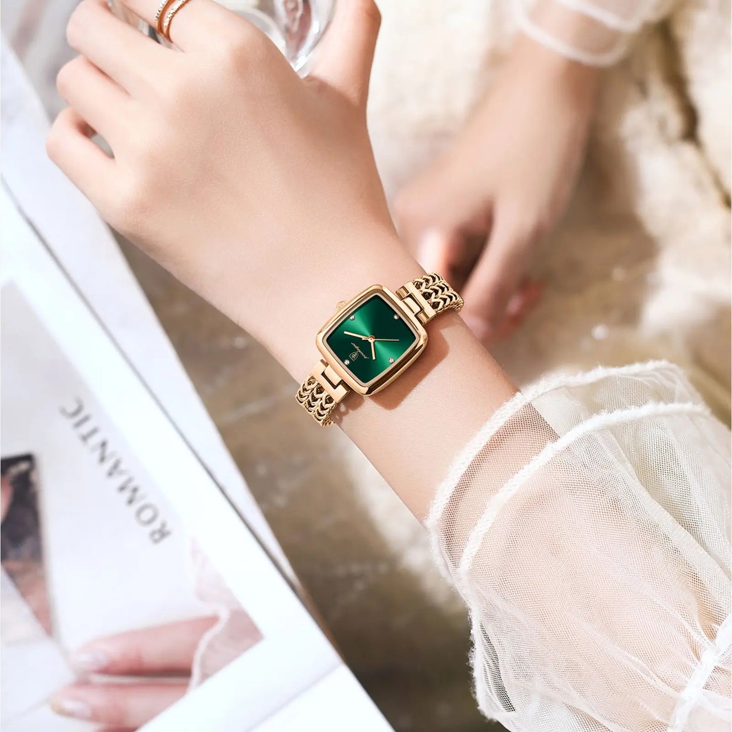 POEDAGAR Luxus Quadratische Uhr für Frau Wasserdichte Edelstahl Damen Quarzuhr Kleid Elegante Damenuhren Mode reloj