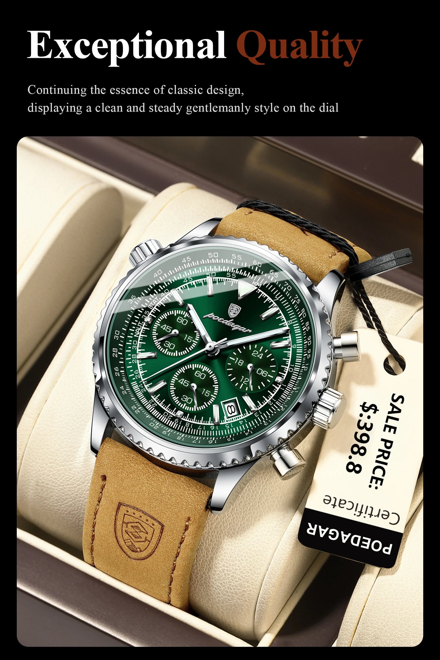 POEDAGAR Luxus Herrenuhr Quarz Wasserdicht Leuchtdatum Chronograph Leder Herrenarmbanduhr Militär Sport Herrenuhren Reloj