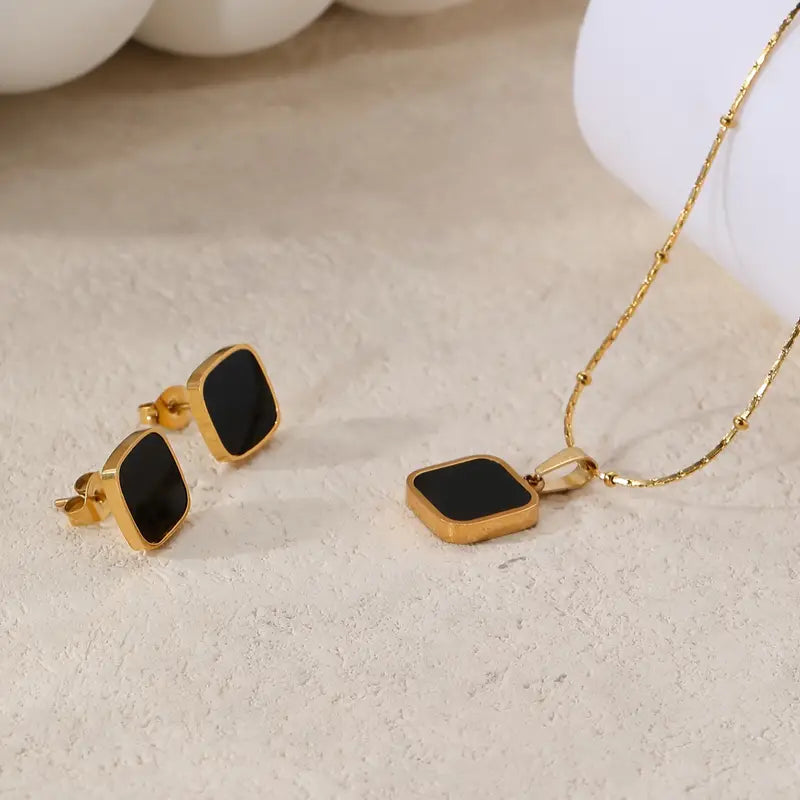 Ohrringe + 1 Halskette Schmuckset Aus Edelstahl 18k Vergoldet Schwarz Quadratisches