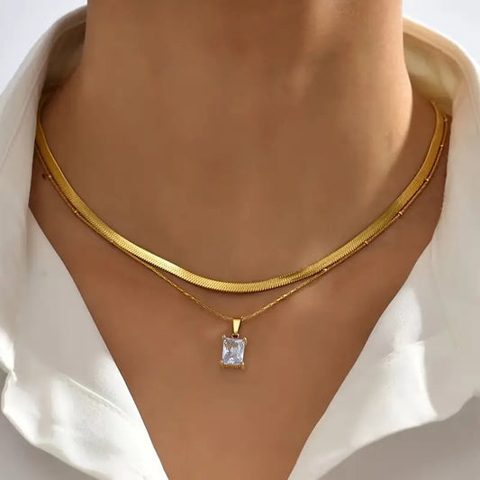 Halskette mit Anhänger2 Set  Quadratischer Zirkon Anhänger Edelstahl