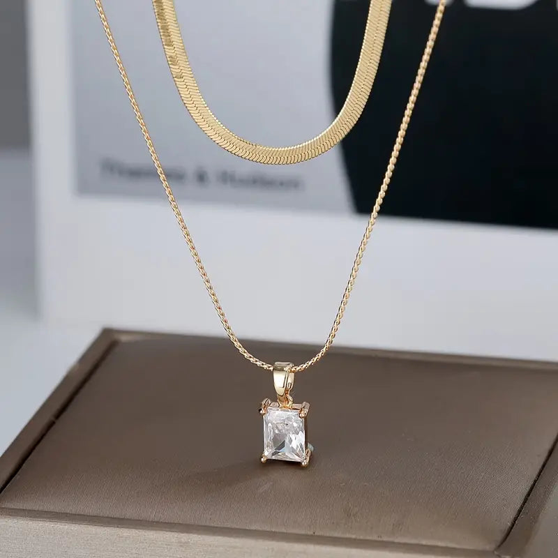 Halskette mit Anhänger2 Set  Quadratischer Zirkon Anhänger Edelstahl