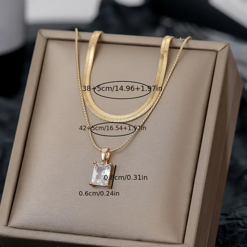 Halskette mit Anhänger2 Set  Quadratischer Zirkon Anhänger Edelstahl