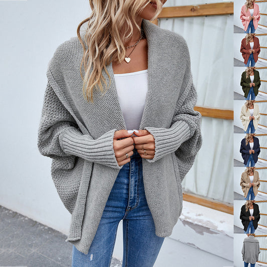 Neu Lose gestrickter Pullover einfarbig Fledermaus Ärmel große Revers Strickjacke Herbst und Winter Mode Jacke für Damen bekleidung
