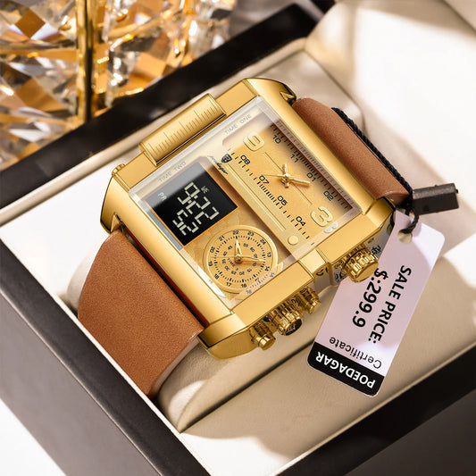 POEDAGAR Luxus Mann Armbanduhr Rechteck Wasserdicht Leuchtend Tag Woche Herrenuhr Digitale Multifunktions Herrenuhren Quarz Reloj
