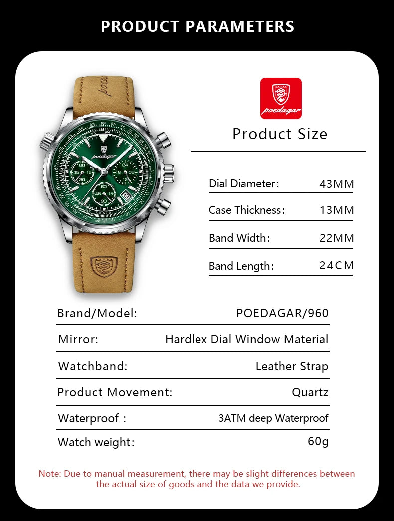 POEDAGAR Luxus Herrenuhr Quarz Wasserdicht Leuchtdatum Chronograph Leder Herrenarmbanduhr Militär Sport Herrenuhren Reloj