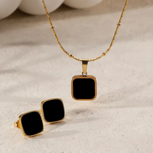 Ohrringe + 1 Halskette  Schmuckset Aus Edelstahl 18k Vergoldet Schwarz Quadratisches